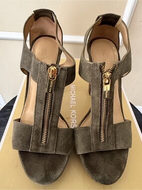 Michael Kors Olive Suede Front-Zip Platform Heels